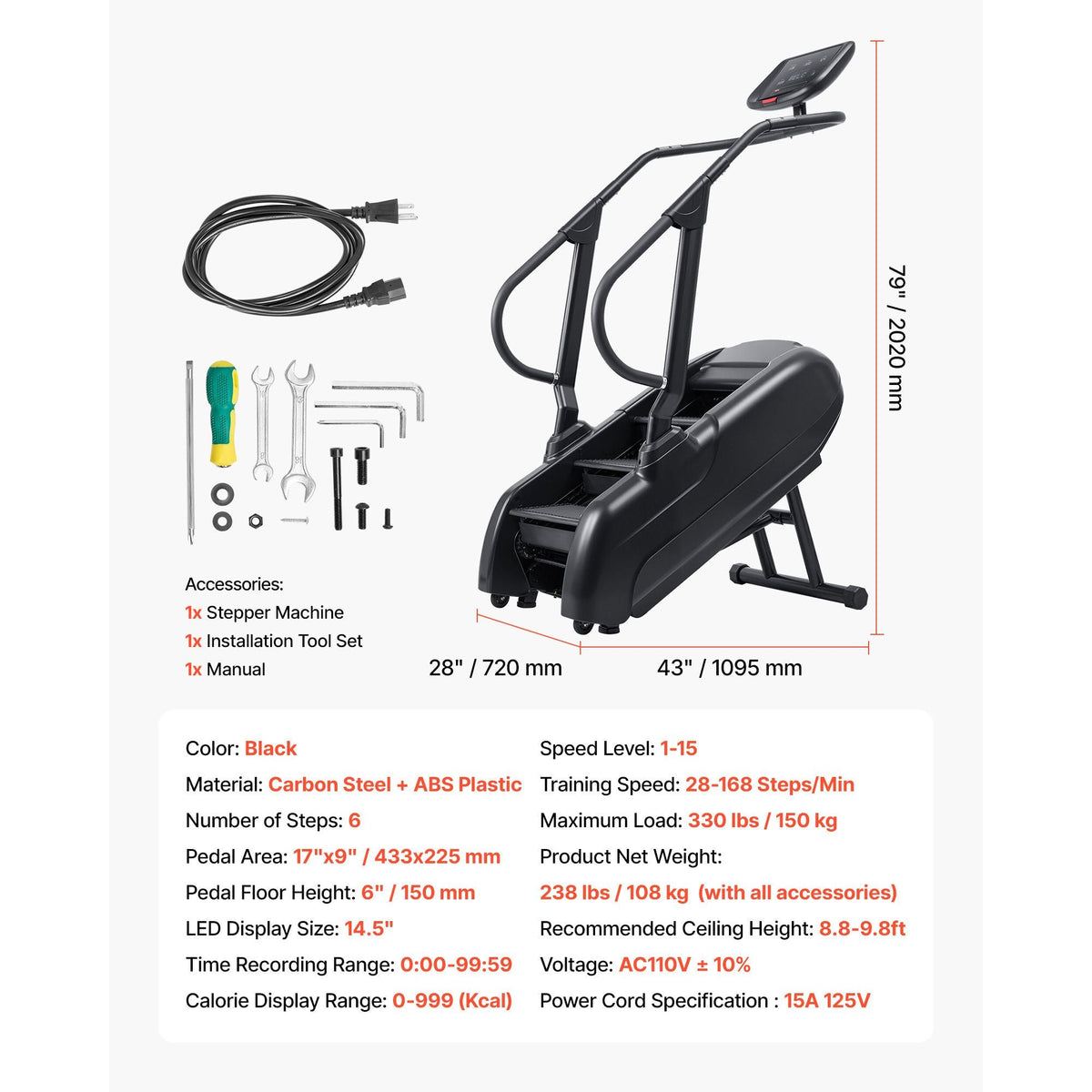 Stair Stepper Machine, LED Screen Continuous Climbing Machines, Max Load 330 Lbs Stepping Climber for Home, 15 Speed Levels 28-168 Steps/Minute Stepmill Exercise for Cardio Lower Body