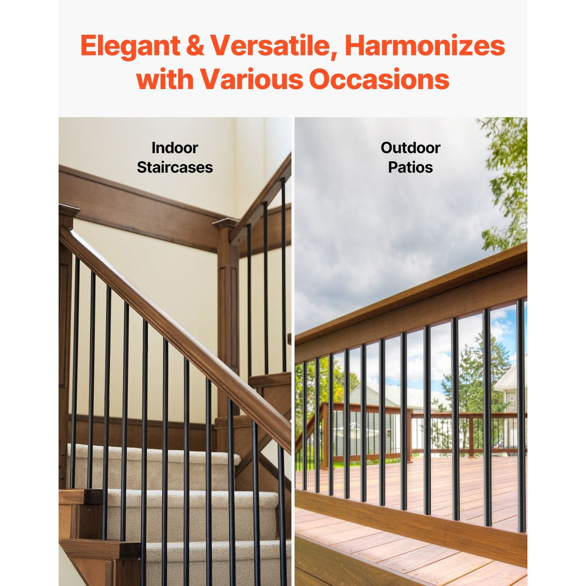 Staircase Balusters 101 Pack, 26 In Aluminum Stair Balusters, 3/4 Inch Water-Proof Round Metal Spindle Railing, Hollow Deck Railing with Rail Caps & Screws for Stairs, Porch, Patio, Matte Black