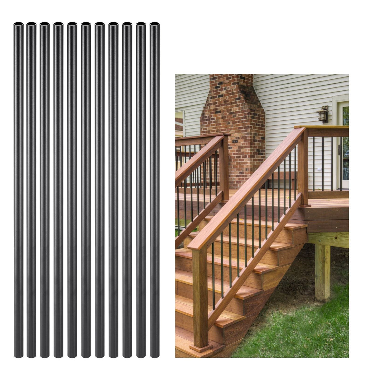 Staircase Balusters 101 Pack, 26 In Aluminum Stair Balusters, 3/4 Inch Water-Proof Round Metal Spindle Railing, Hollow Deck Railing with Rail Caps & Screws for Stairs, Porch, Patio, Matte Black