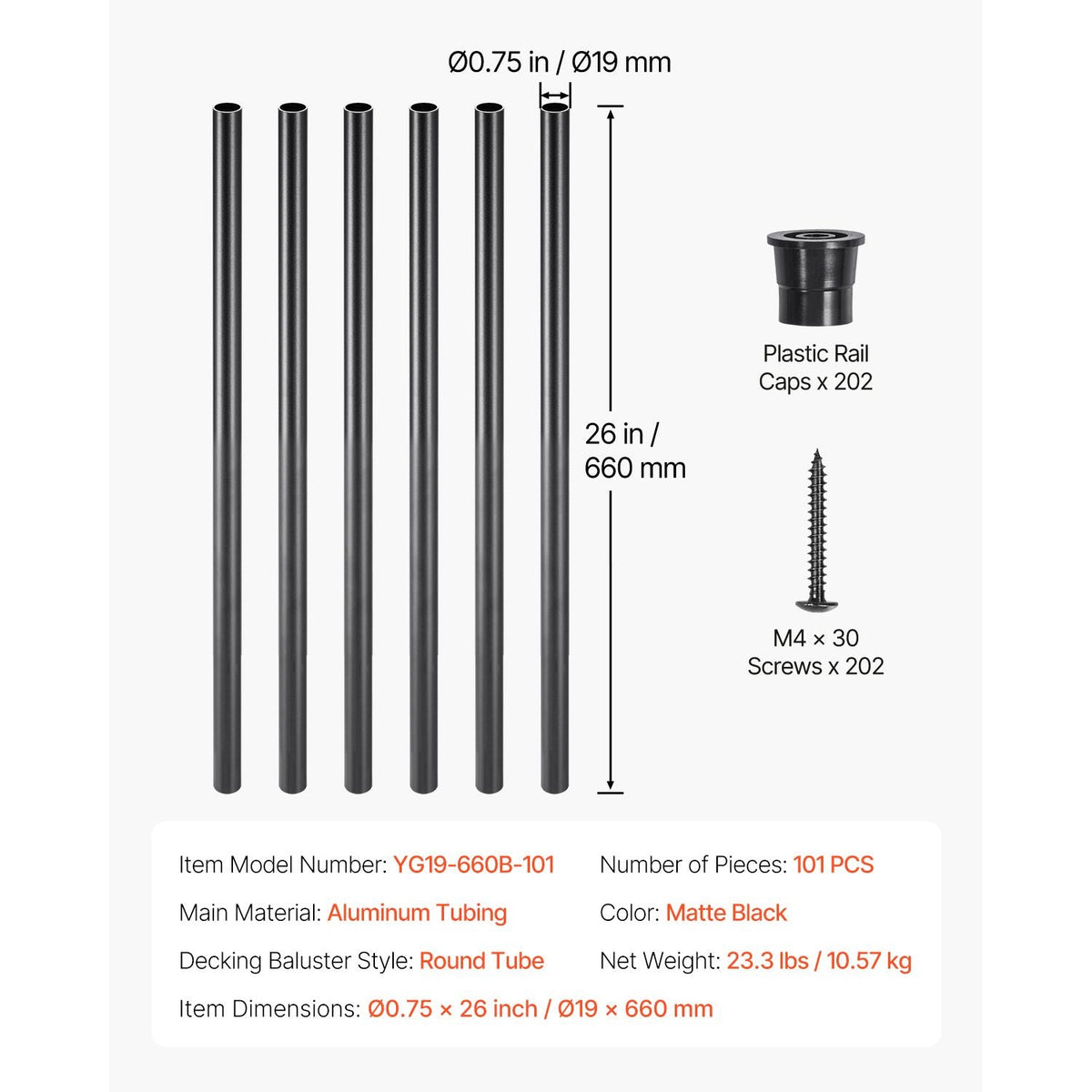 Staircase Balusters 101 Pack, 26 In Aluminum Stair Balusters, 3/4 Inch Water-Proof Round Metal Spindle Railing, Hollow Deck Railing with Rail Caps & Screws for Stairs, Porch, Patio, Matte Black