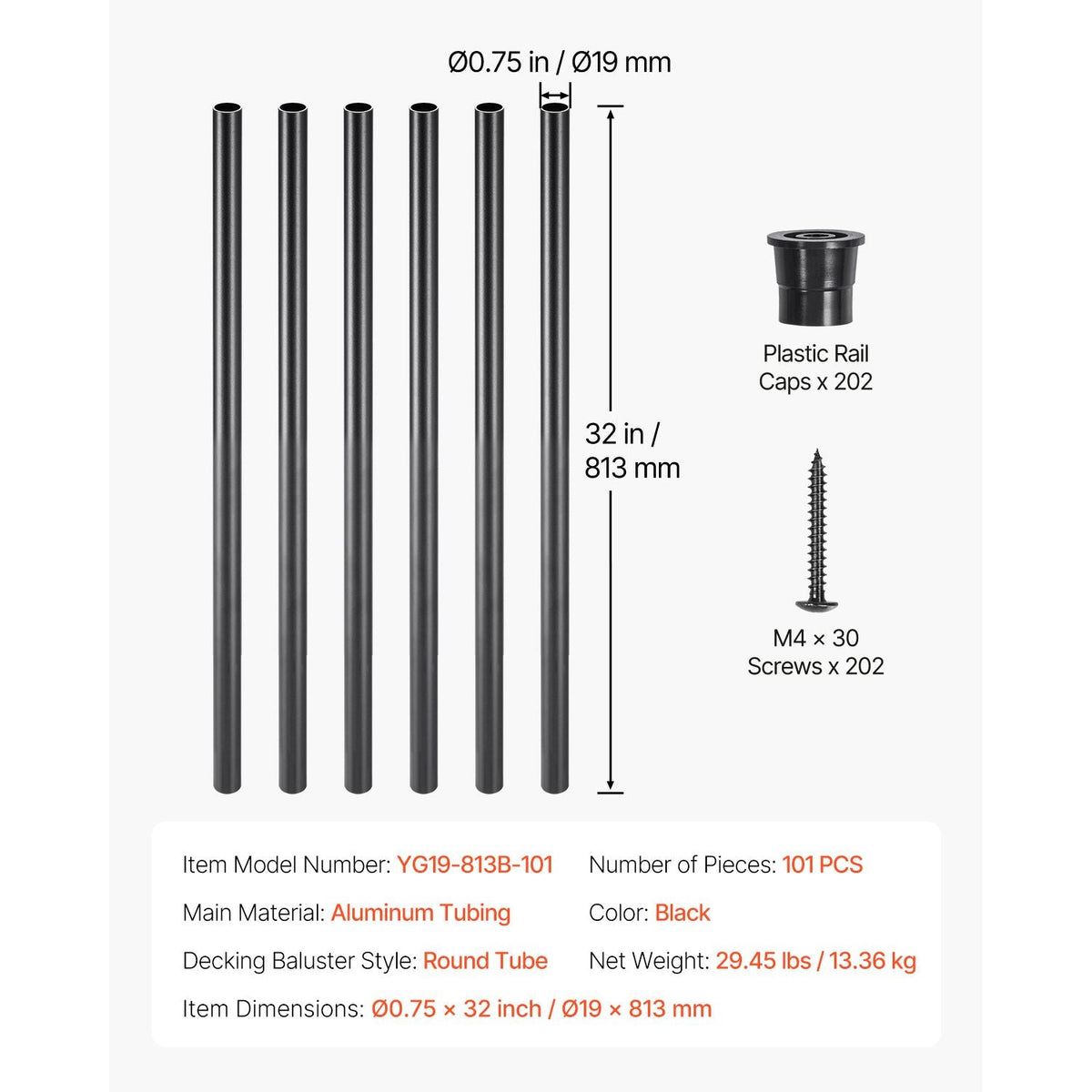 Staircase Balusters 101 Pack, 32 In Aluminum Stair Balusters, 3/4 In Water-Proof Round Metal Spindle Railing, Hollow Deck Railing with Rail Caps & Screws for Stairs, Porch, Patio, Fence, Black