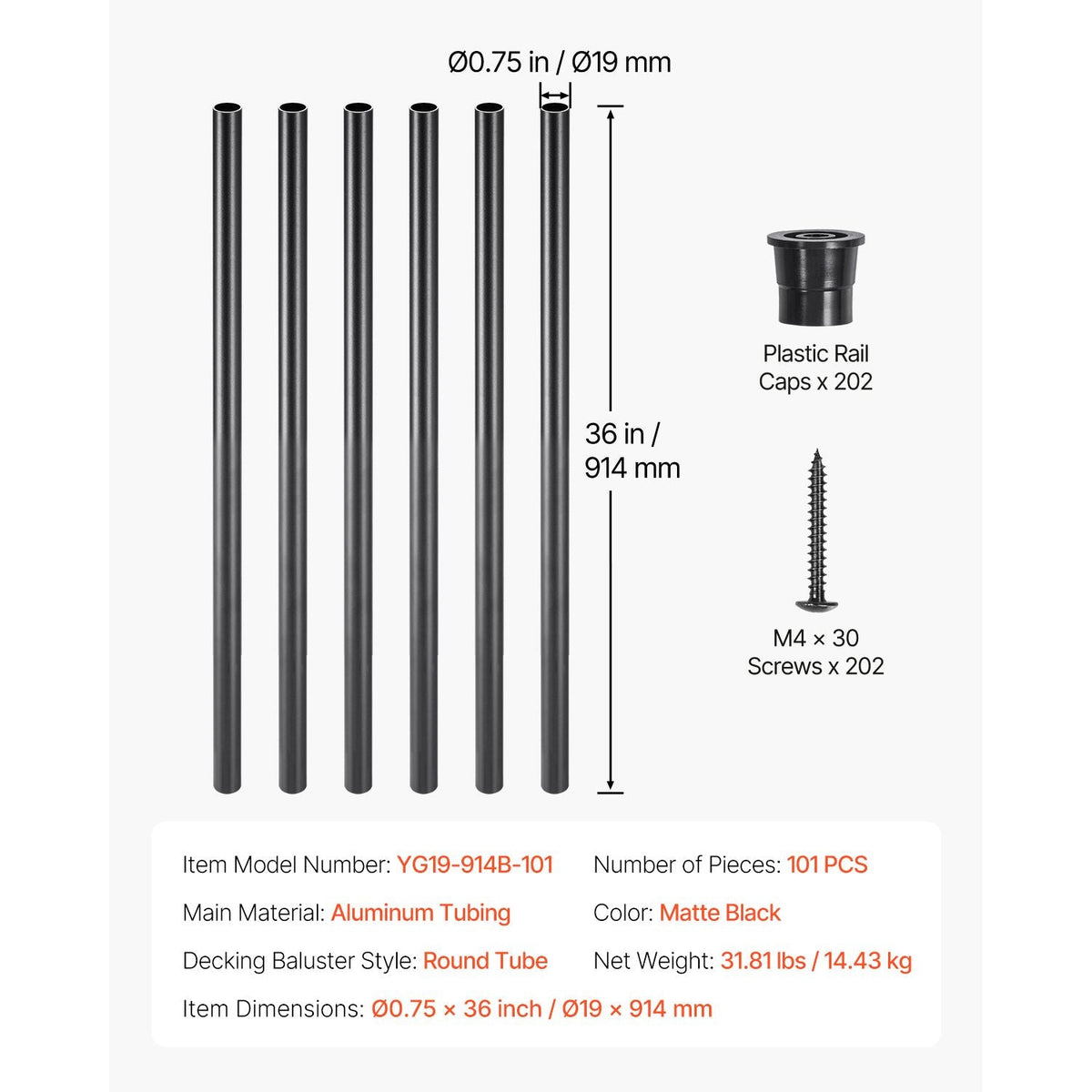 Staircase Balusters 101 Pack, 36 In Aluminum Stair Balusters, 3/4 Inch Water-Proof Round Metal Spindle Railing, Hollow Deck Railing with Rail Caps & Screws for Stairs, Porch, Patio, Matte Black