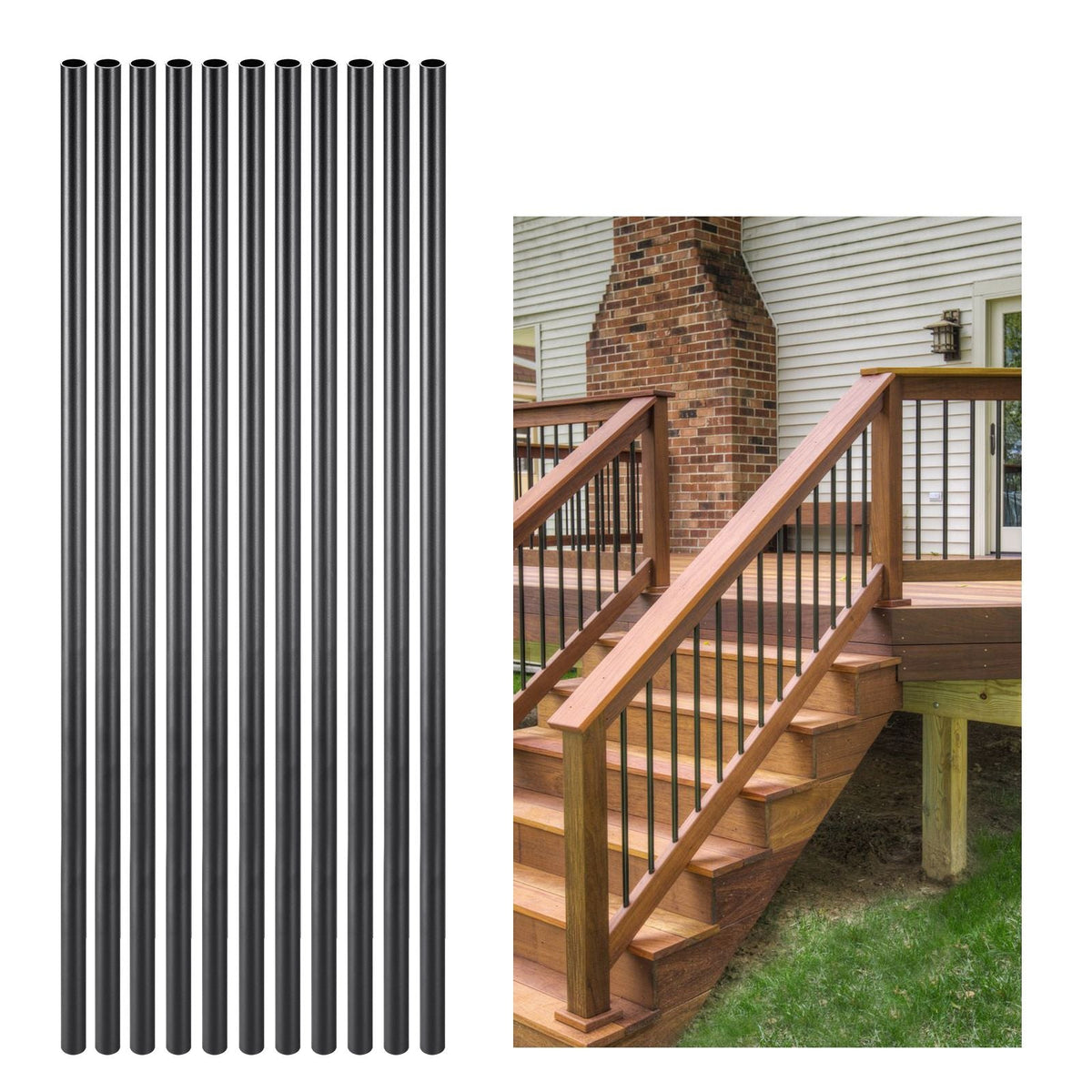 Staircase Balusters 101 Pack, 36 In Aluminum Stair Balusters, 3/4 Inch Water-Proof Round Metal Spindle Railing, Hollow Deck Railing with Rail Caps & Screws for Stairs, Porch, Patio, Matte Black