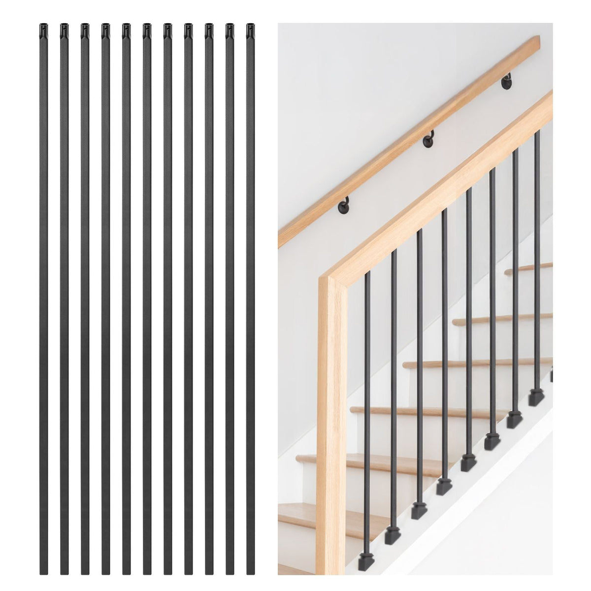 Staircase Balusters 11 Pack, 44 Inch Durable Carbon Steel Stair Balusters, 0.5 Inch Indoor Square Metal Spindle Railing, Corrosion-Proof Hollow Deck Railing with Pre-Drilled Holes, Matte Black