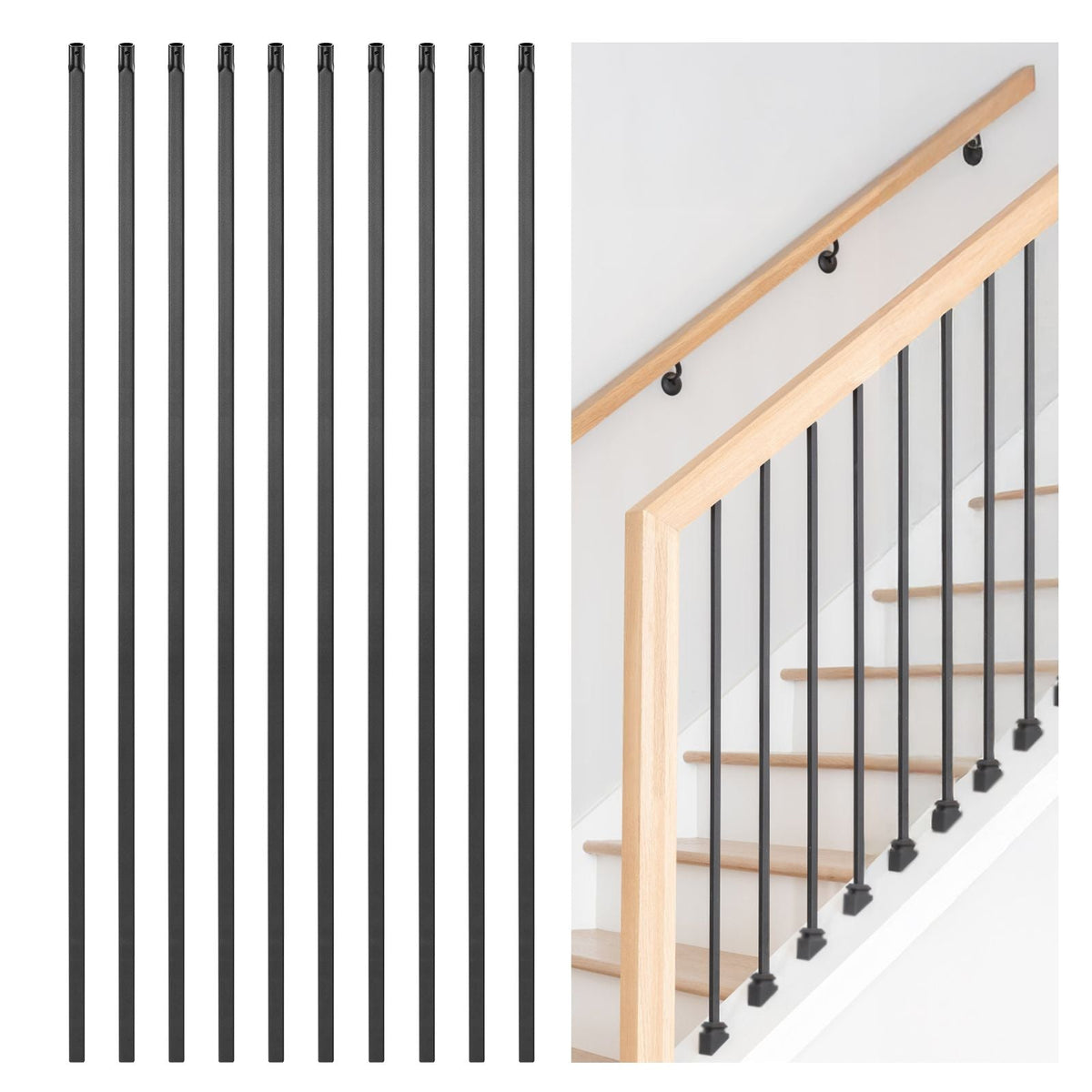 Staircase Balusters 31 Pack, 44 Inch Durable Carbon Steel Stair Balusters, 0.5 Inch Indoor Square Metal Spindle Railing, Corrosion-Proof Hollow Deck Railing with Pre-Drilled Holes, Matte Black