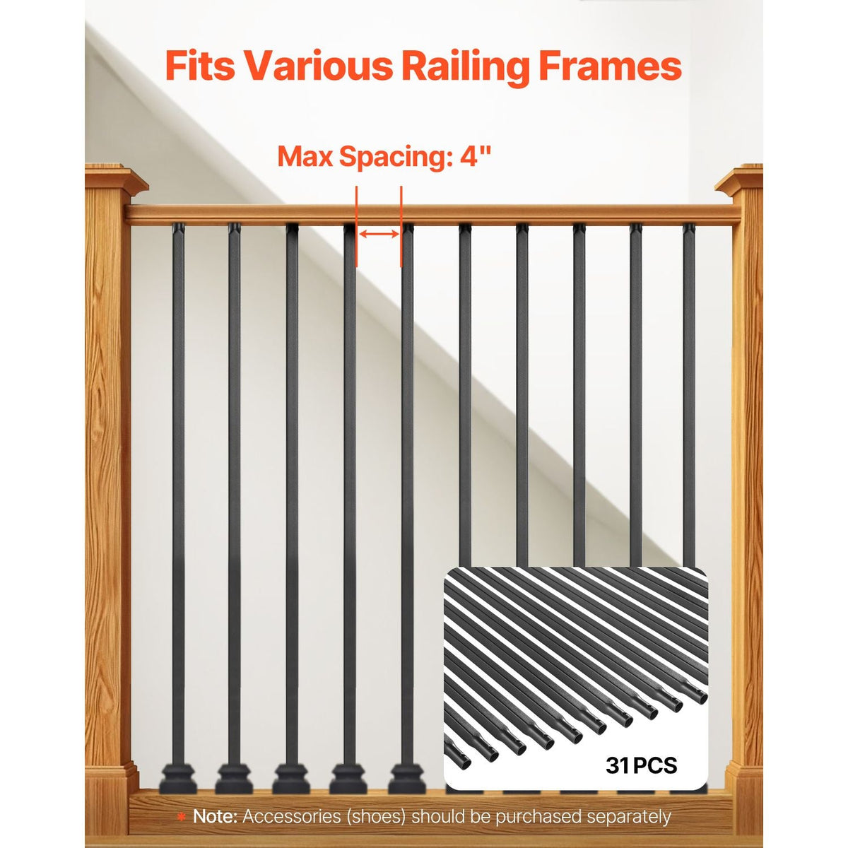 Staircase Balusters 31 Pack, 44 Inch Durable Carbon Steel Stair Balusters, 0.5 Inch Indoor Square Metal Spindle Railing, Corrosion-Proof Hollow Deck Railing with Pre-Drilled Holes, Matte Black