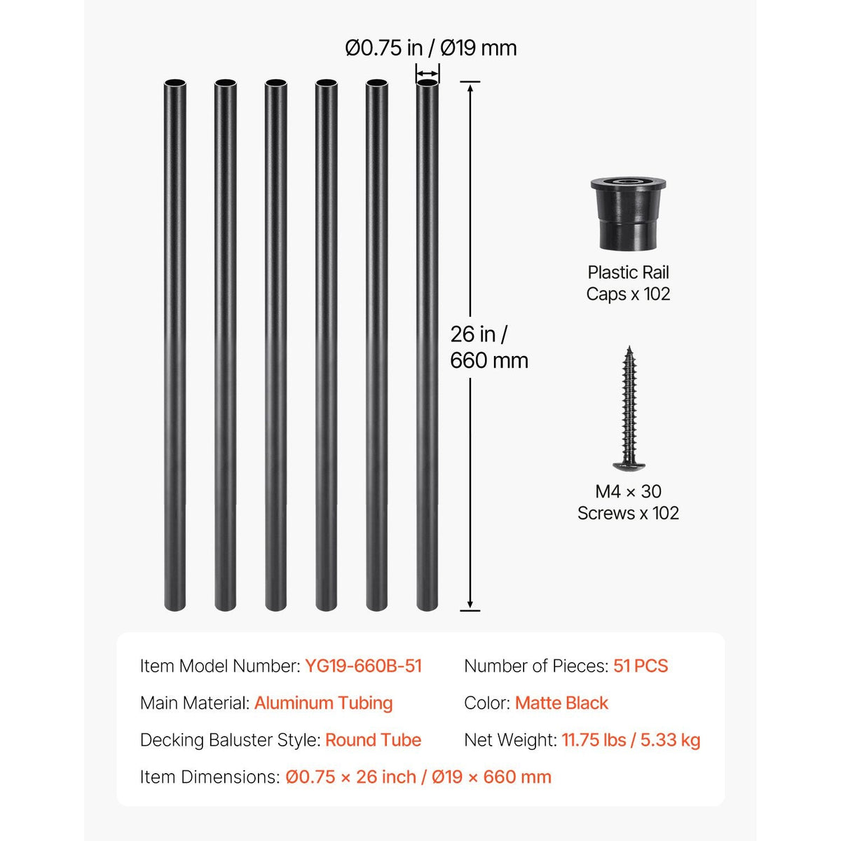 Staircase Balusters 51 Pack, 26 In Aluminum Stair Balusters, 3/4 In Water-Proof Round Metal Spindle Railing, Hollow Deck Railing with Rail Caps & Screws for Stairs, Porch, Patio, Fence, Black