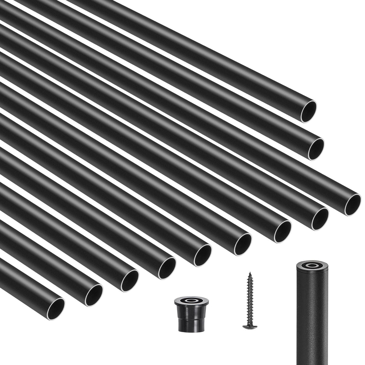 Staircase Balusters 51 Pack, 26 In Aluminum Stair Balusters, 3/4 In Water-Proof Round Metal Spindle Railing, Hollow Deck Railing with Rail Caps & Screws for Stairs, Porch, Patio, Fence, Black