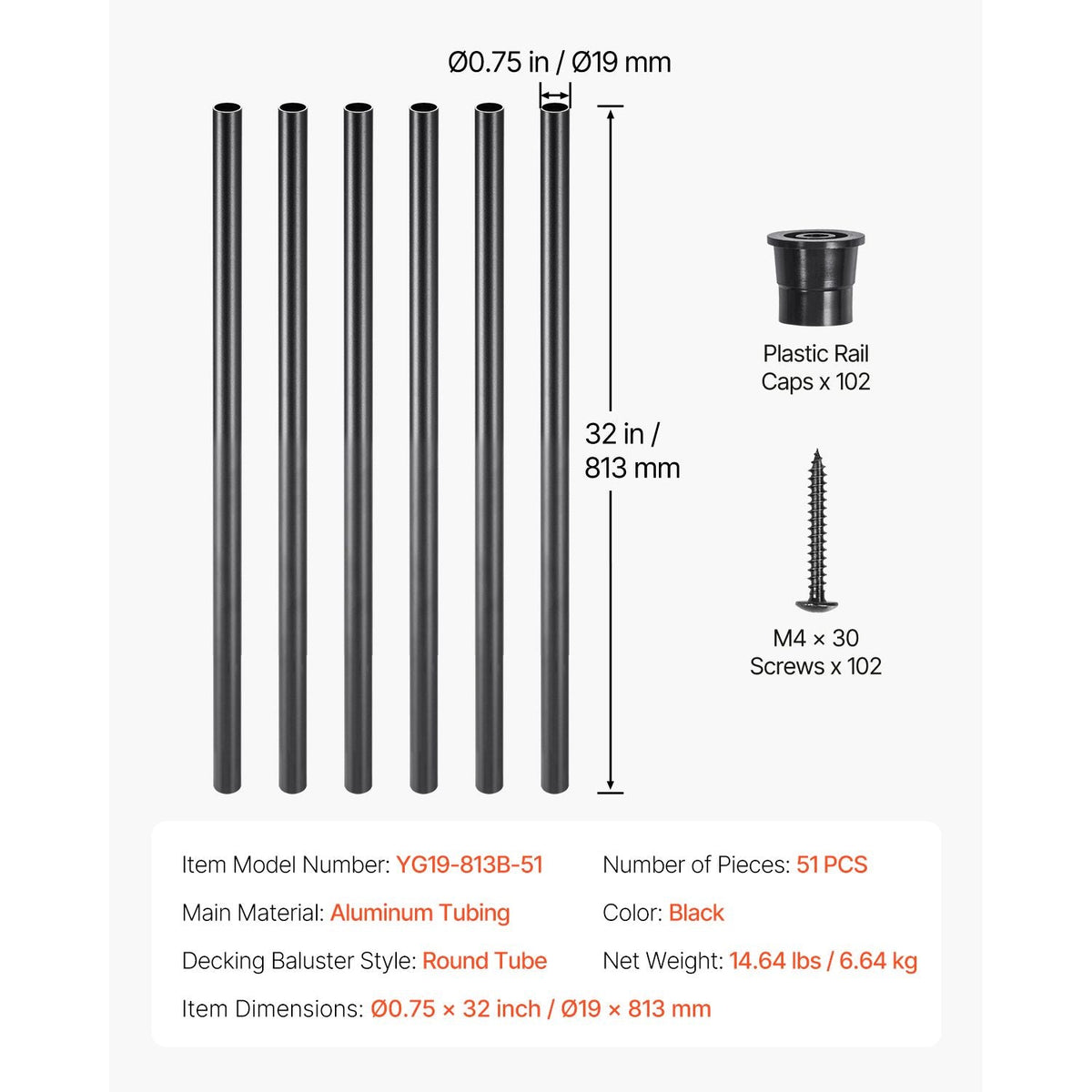 Staircase Balusters 51 Pack, 32 In Aluminum Stair Balusters, 3/4 Inch Water-Proof Round Metal Spindle Railing, Hollow Deck Railing with Rail Caps & Screws for Stairs, Porch, Patio, Matte Black