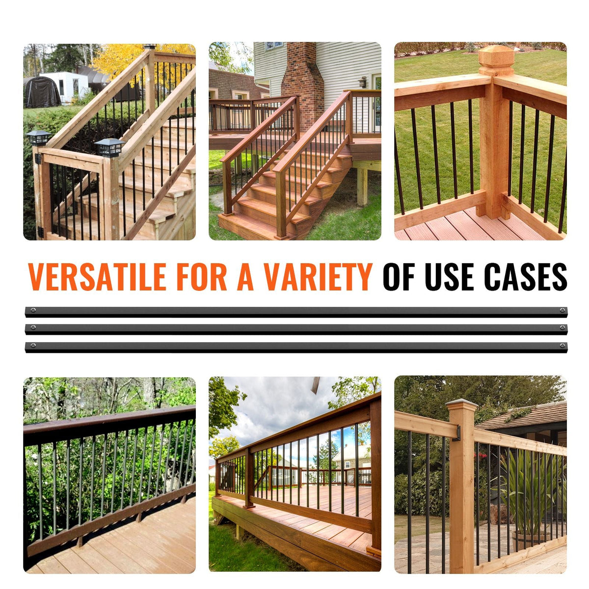 Staircase Metal Balusters, 44'' x 0.5'' Square Aluminum Alloy Decorative Banister Spindles, 11 Pack Deck Baluster with Screws, Classic Hollow Straight Deck Railing Satin Black Powder Coated