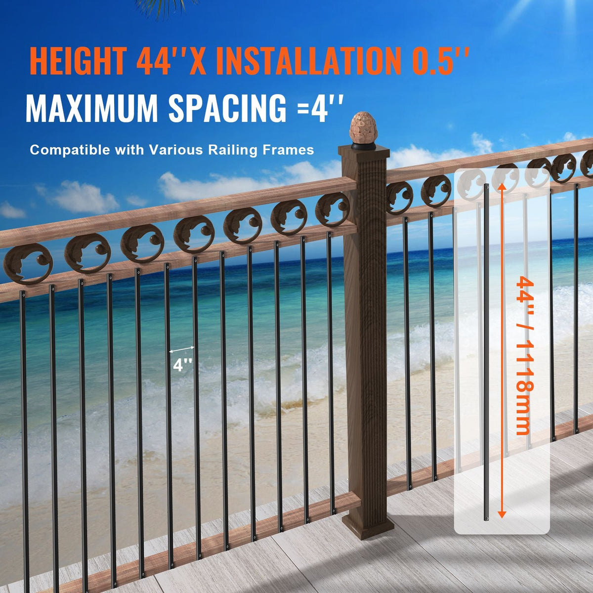 Staircase Metal Balusters, 44'' x 0.5'' Square Aluminum Alloy Decorative Banister Spindles, 11 Pack Deck Baluster with Screws, Classic Hollow Straight Deck Railing Satin Black Powder Coated