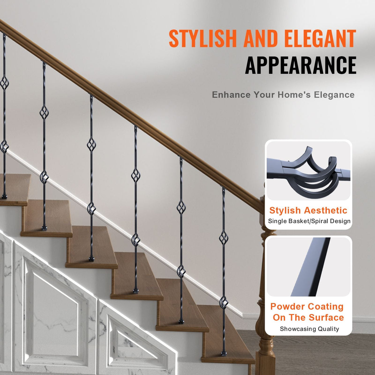 Staircase Metal Balusters, 44'' x 1/2" Galvanized Steel Decorative Banister Spindles, 10 Pack Deck Baluster with Hollow Double Baskets, Spiral Stair Railing with Shoes & Screws