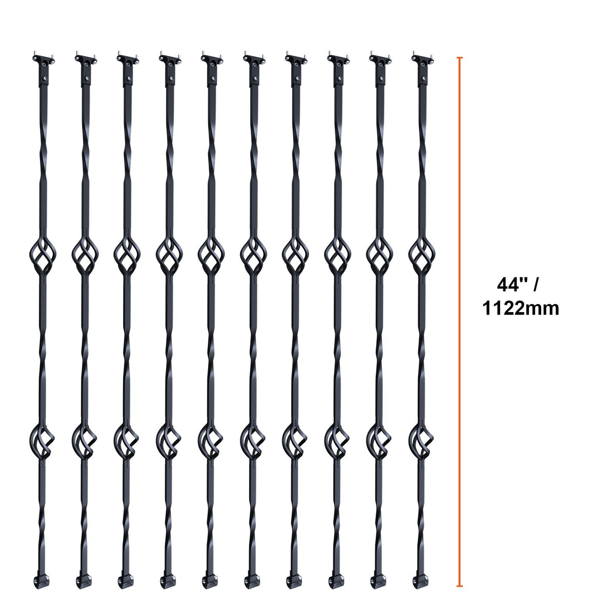 Staircase Metal Balusters, 44'' x 1/2" Galvanized Steel Decorative Banister Spindles, 10 Pack Deck Baluster with Hollow Double Baskets, Spiral Stair Railing with Shoes & Screws
