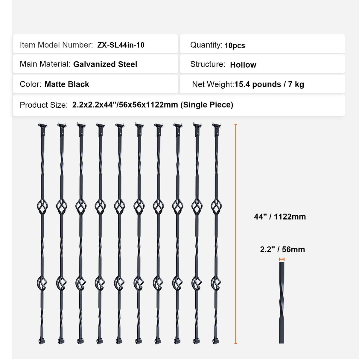 Staircase Metal Balusters, 44'' x 1/2" Galvanized Steel Decorative Banister Spindles, 10 Pack Deck Baluster with Hollow Double Baskets, Spiral Stair Railing with Shoes & Screws
