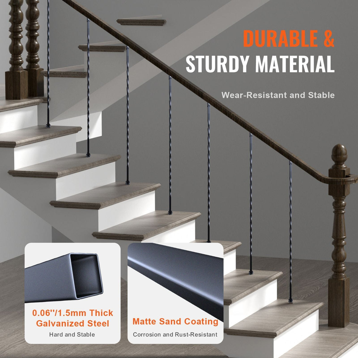 Staircase Metal Balusters, 44'' x 1/2" Galvanized Steel Decorative Banister Spindles, 10 Pack Deck Baluster with Hollow Twists, Satin Black Spiral Stair Railing with Shoes & Screws