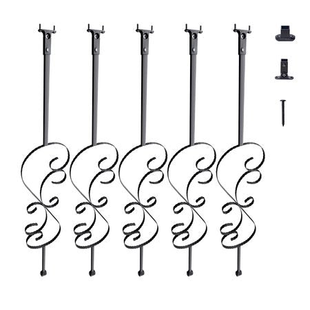 Staircase Metal Balusters, 44'' x 1/2" Galvanized Steel Decorative Banister Spindles, 5 Pack S Shape Deck Baluster, Hollow Satin Black Spiral Stair Railing with Shoes & Screws