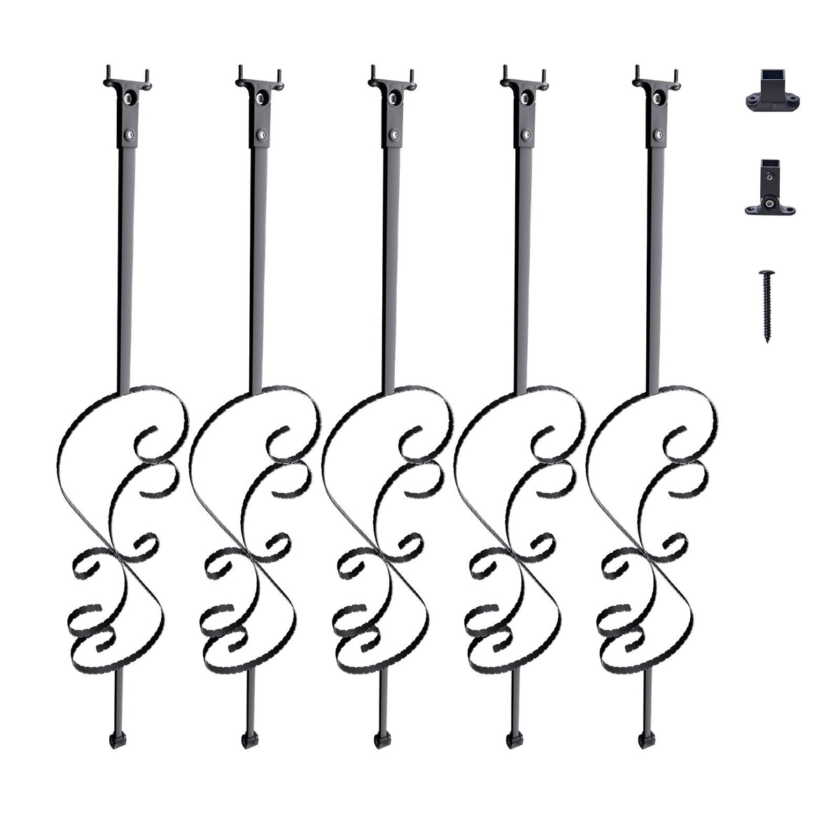 Staircase Metal Balusters, 44'' x 1/2" Galvanized Steel Decorative Banister Spindles, 5 Pack S Shape Deck Baluster, Hollow Satin Black Spiral Stair Railing with Shoes & Screws