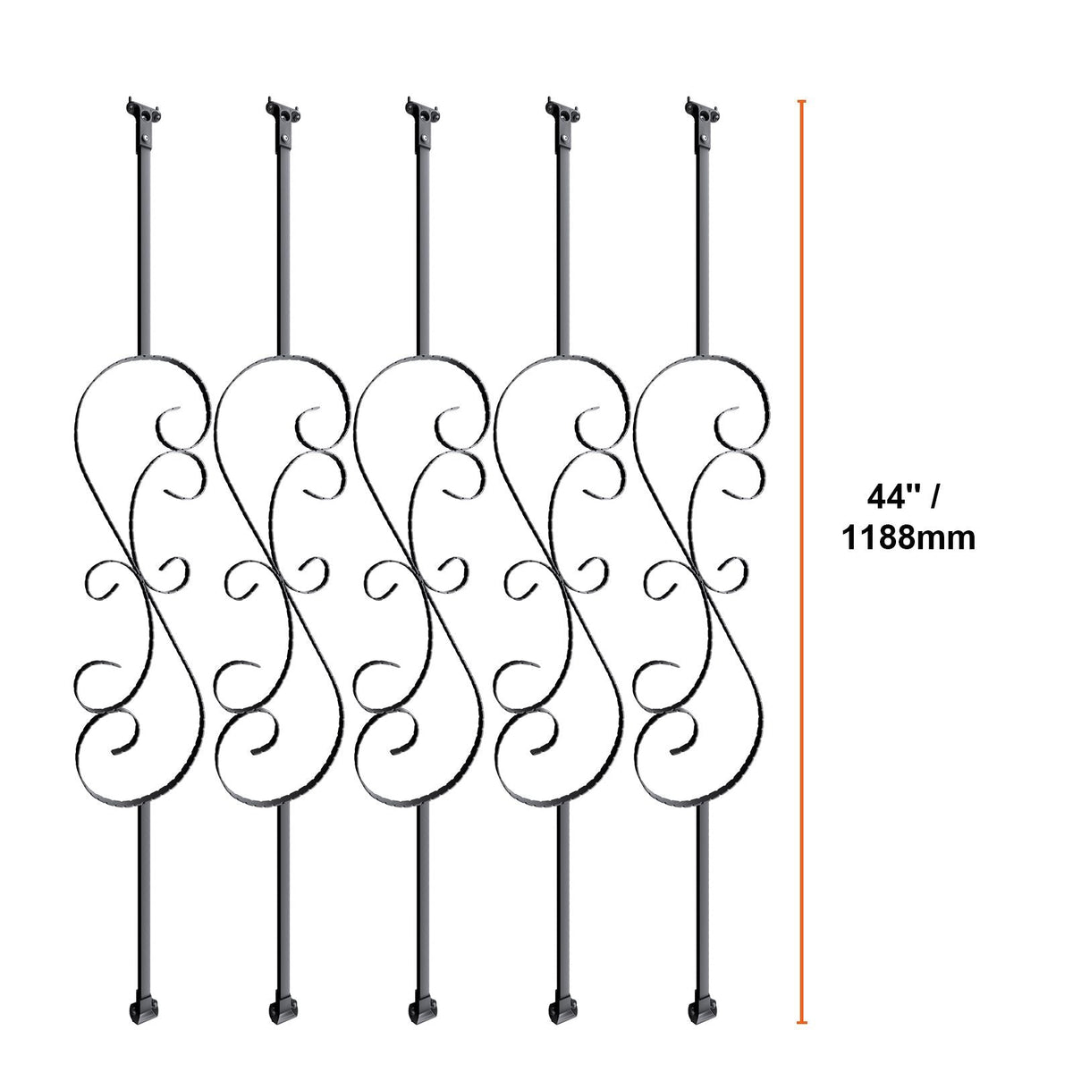 Staircase Metal Balusters, 44'' x 1/2" Galvanized Steel Decorative Banister Spindles, 5 Pack S Shape Deck Baluster, Hollow Satin Black Spiral Stair Railing with Shoes & Screws