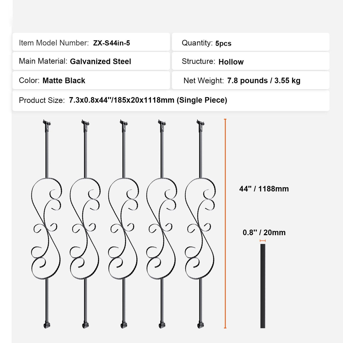 Staircase Metal Balusters, 44'' x 1/2" Galvanized Steel Decorative Banister Spindles, 5 Pack S Shape Deck Baluster, Hollow Satin Black Spiral Stair Railing with Shoes & Screws