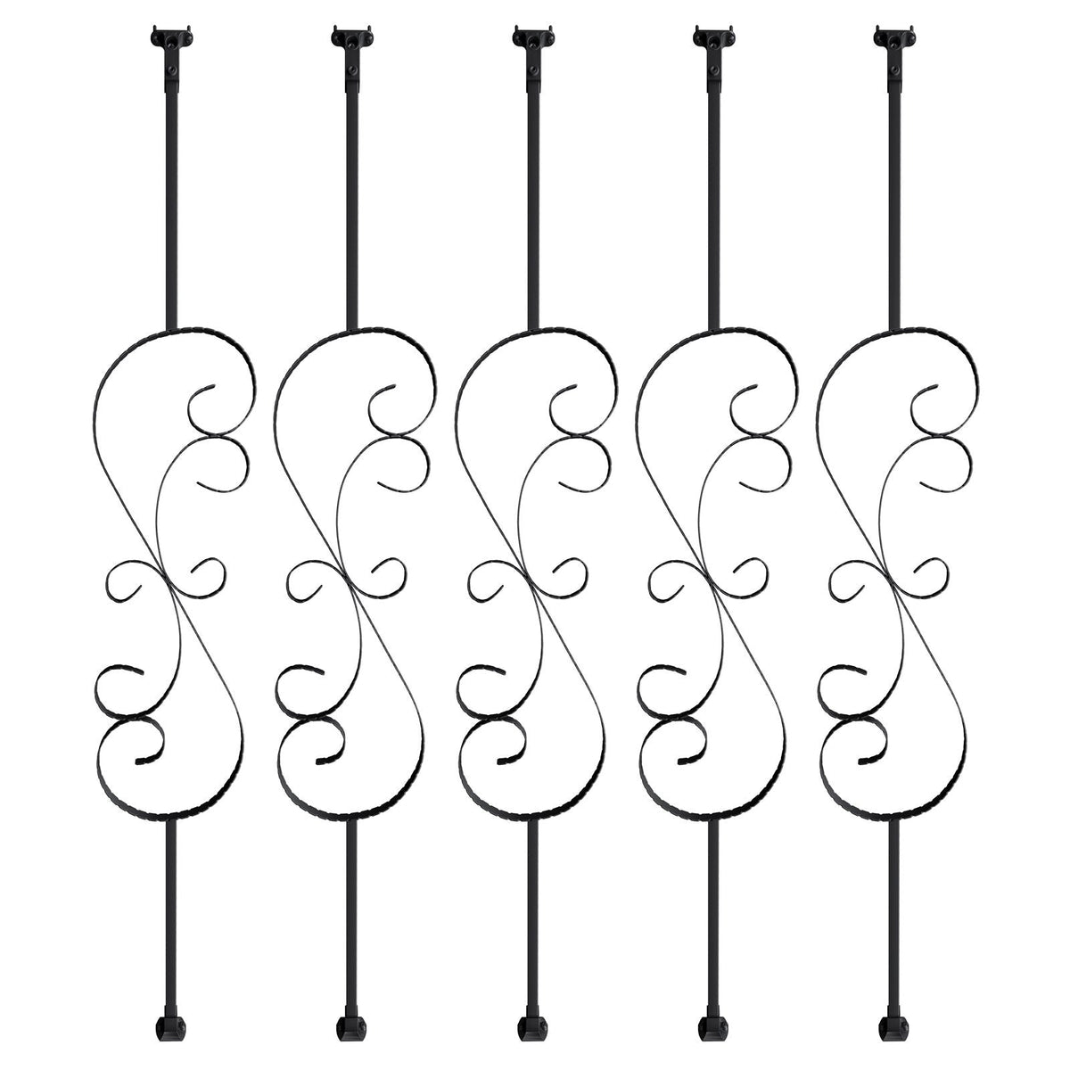 Staircase Metal Balusters, 44'' x 1/2" Galvanized Steel Decorative Banister Spindles, 5 Pack S Shape Deck Baluster, Hollow Satin Black Spiral Stair Railing with Shoes & Screws