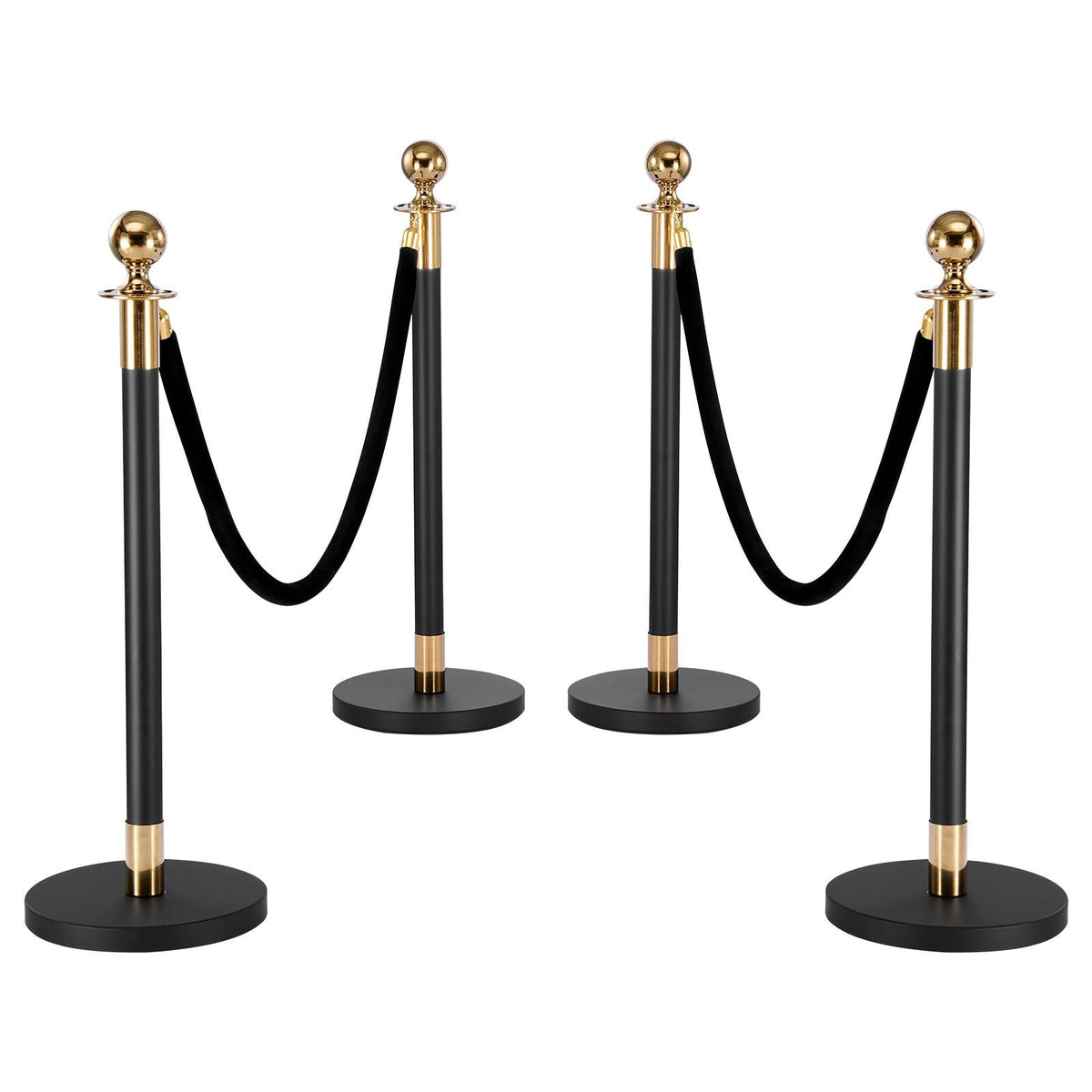Stanchion Post, 4 Pcs Crowd Control Barrier Set with 2 Black Velvet Ropes, Heavy Duty Stainless Steel Stanchion Post Queue with Hollow Base for Theater, Party, Wedding, Exhibition, Event (Black)