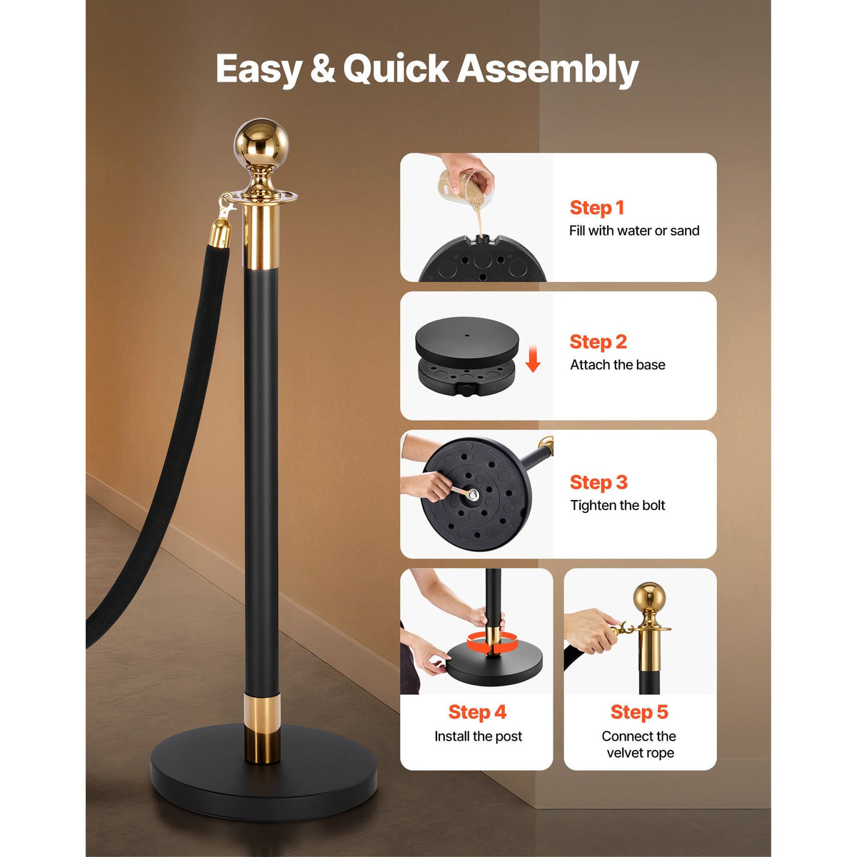 Stanchion Post, 4 Pcs Crowd Control Barrier Set with 2 Black Velvet Ropes, Heavy Duty Stainless Steel Stanchion Post Queue with Hollow Base for Theater, Party, Wedding, Exhibition, Event (Black)