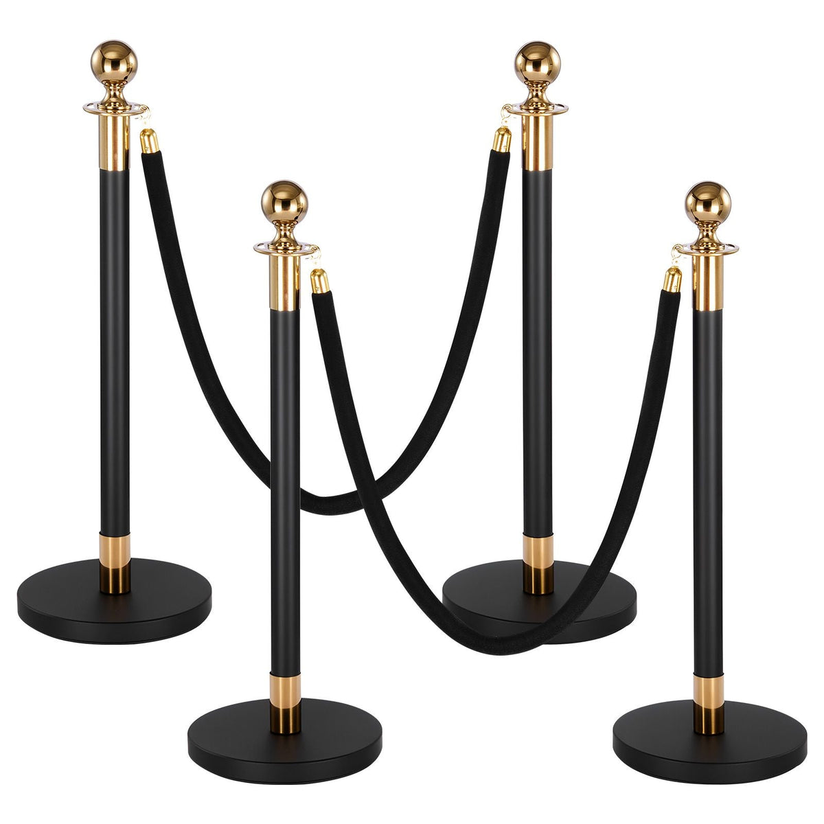 Stanchion Post, 4 Pcs Crowd Control Barrier Set with 2 Black Velvet Ropes, Heavy Duty Stainless Steel Stanchion Post Queue with Hollow Base for Theater, Party, Wedding, Exhibition, Event (Black)