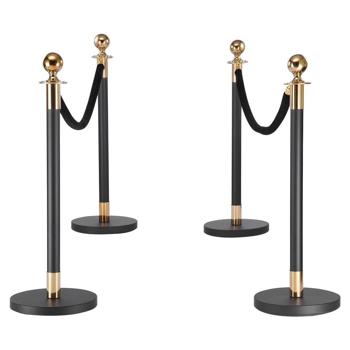 Stanchion Post, 4 Pcs Crowd Control Barrier Set with 2 Black Velvet Ropes, Heavy Duty Stainless Steel Stanchion Post Queue with Hollow Base for Theater, Party, Wedding, Exhibition, Event (Black)