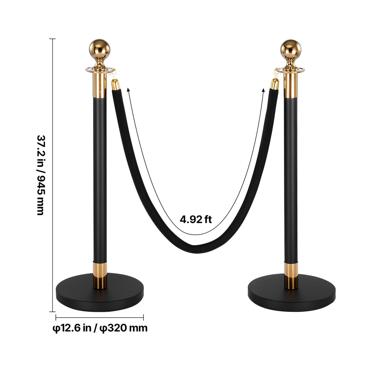 Stanchion Post, 4 Pcs Crowd Control Barrier Set with 2 Black Velvet Ropes, Heavy Duty Stainless Steel Stanchion Post Queue with Hollow Base for Theater, Party, Wedding, Exhibition, Event (Black)