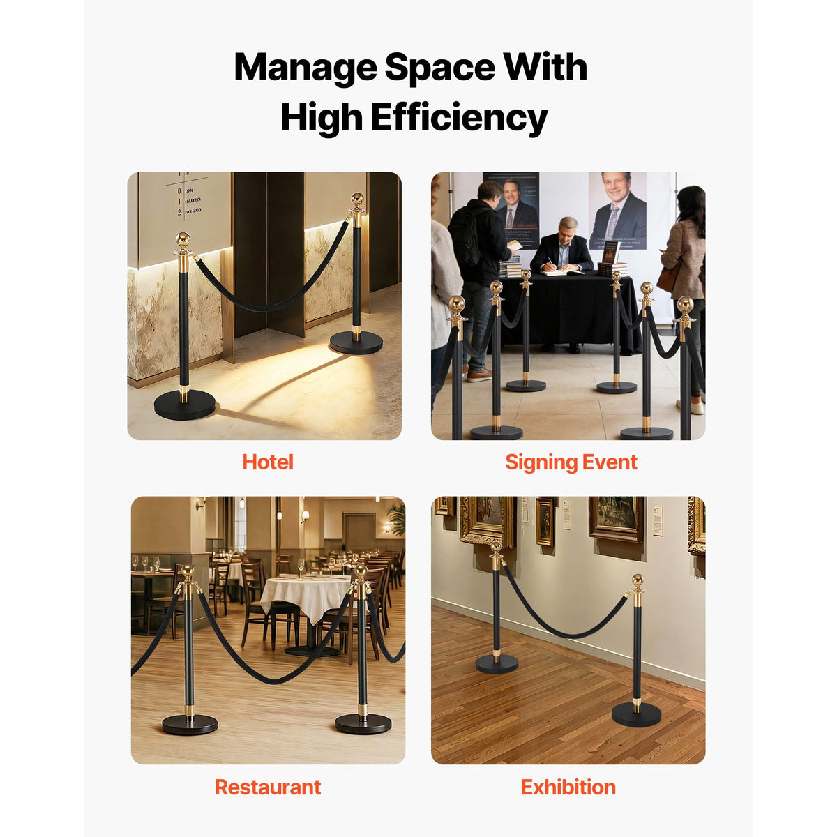 Stanchion Post, 4 Pcs Crowd Control Barrier Set with 2 Black Velvet Ropes, Heavy Duty Stainless Steel Stanchion Post Queue with Hollow Base for Theater, Party, Wedding, Exhibition, Event (Black)
