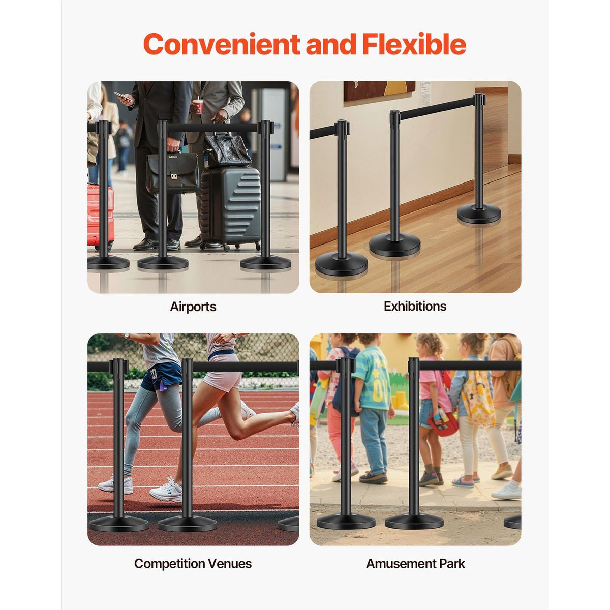Stanchion Post, 4 Pcs Stanchions with Retractable Belts, Carbon Steel Black Stanchions Queue with Sand Injection Hollow Base, Crowd Control Barriers for Theaters, Parties, Weddings, Exhibitions