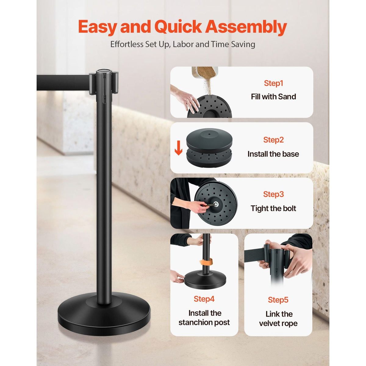 Stanchion Post, 4 Pcs Stanchions with Retractable Belts, Carbon Steel Black Stanchions Queue with Sand Injection Hollow Base, Crowd Control Barriers for Theaters, Parties, Weddings, Exhibitions