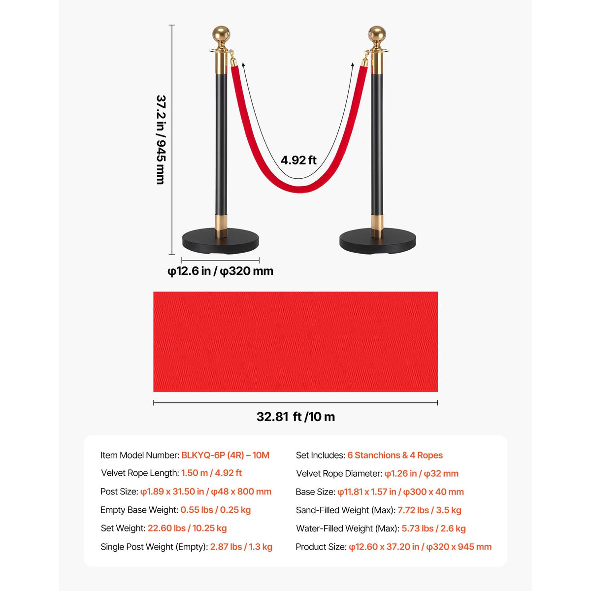Stanchion Post, 6 Pcs Crowd Control Barrier Set with Red Carpet, 4 Red Velvet Ropes, Stainless Steel Gold Stanchion Post Queue with Hollow Base for Theater, Party, Wedding, Exhibition (Black)