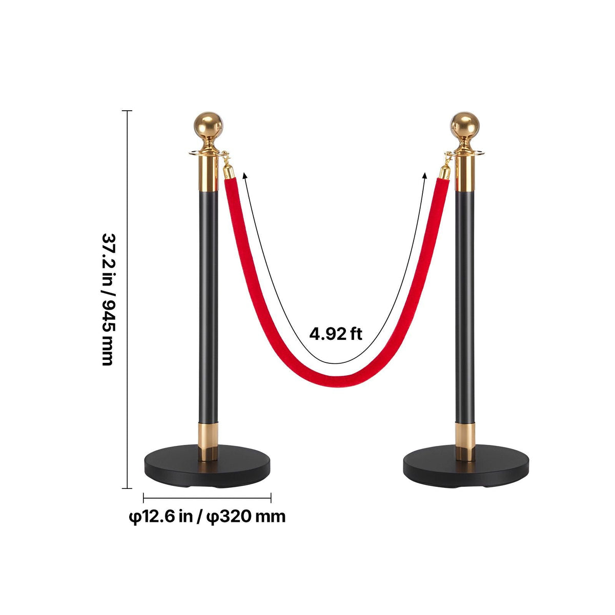 Stanchion Post, 6 Pcs Crowd Control Barrier Set with Red Carpet, 4 Red Velvet Ropes, Stainless Steel Gold Stanchion Post Queue with Hollow Base for Theater, Party, Wedding, Exhibition (Black)