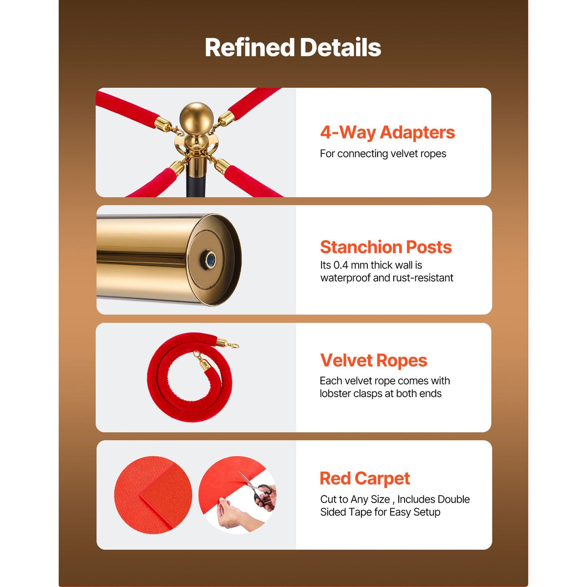 Stanchion Post, 6 Pcs Crowd Control Barrier Set with Red Carpet, 4 Red Velvet Ropes, Stainless Steel Gold Stanchion Post Queue with Hollow Base for Theater, Party, Wedding, Exhibition (Black)