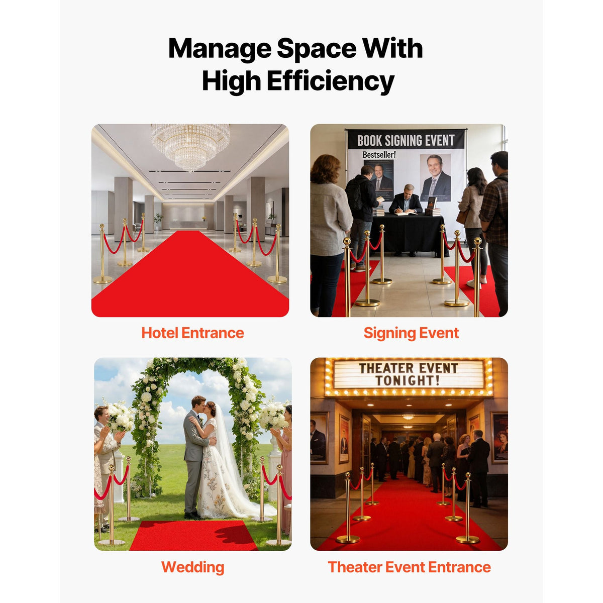 Stanchion Post, 6 Pcs Crowd Control Barrier Set with Red Carpet, 4 Red Velvet Ropes, Stainless Steel Gold Stanchion Post Queue with Hollow Base for Theater, Party, Wedding, Exhibition (Gold)
