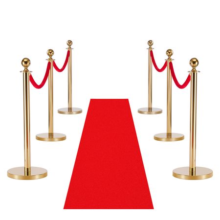 Stanchion Post, 6 Pcs Crowd Control Barrier Set with Red Carpet, 4 Red Velvet Ropes, Stainless Steel Gold Stanchion Post Queue with Hollow Base for Theater, Party, Wedding, Exhibition (Gold)
