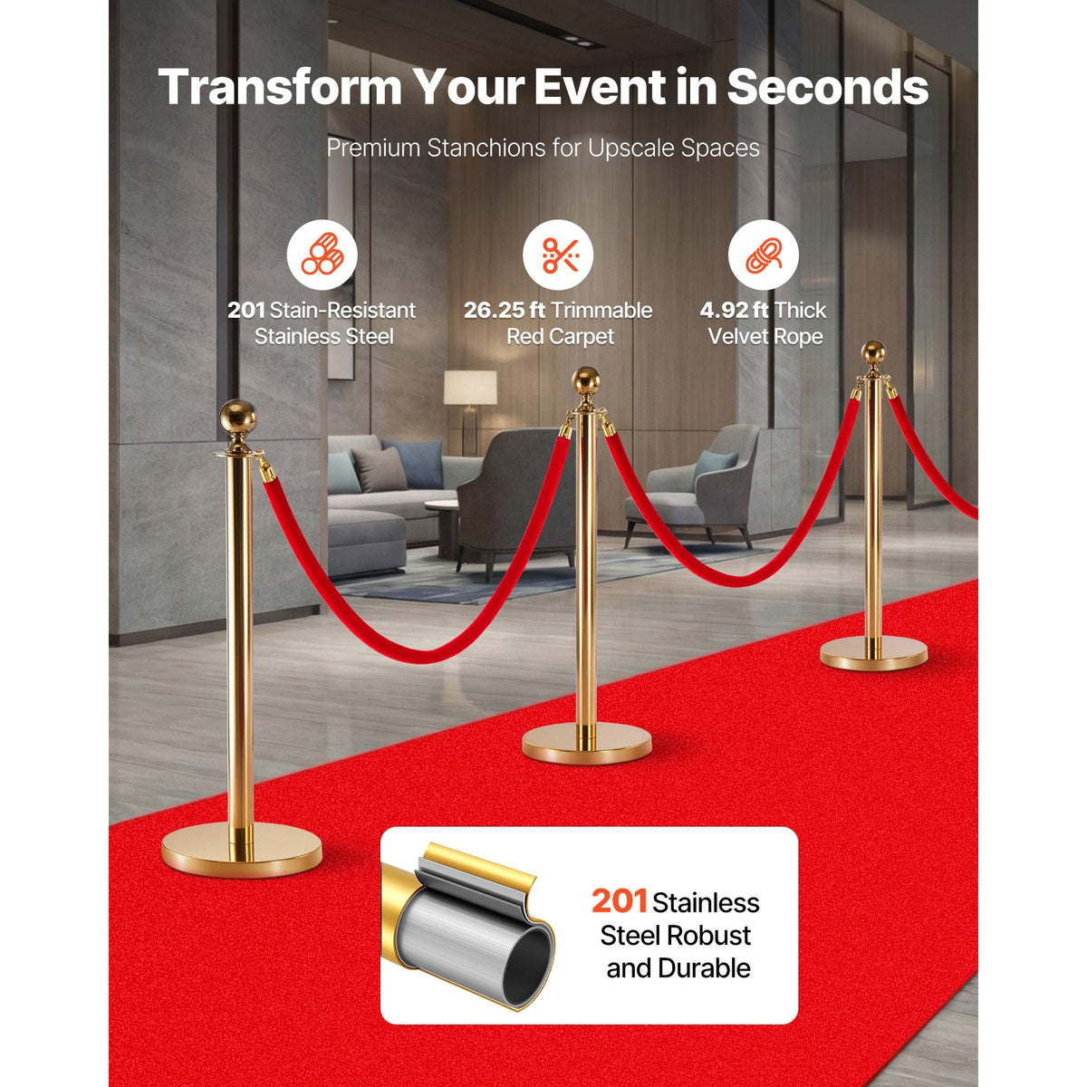 Stanchion Post, 6 Pcs Crowd Control Barrier Set with Red Carpet, 4 Red Velvet Ropes, Stainless Steel Gold Stanchion Post Queue with Hollow Base for Theater, Party, Wedding, Exhibition (Gold)