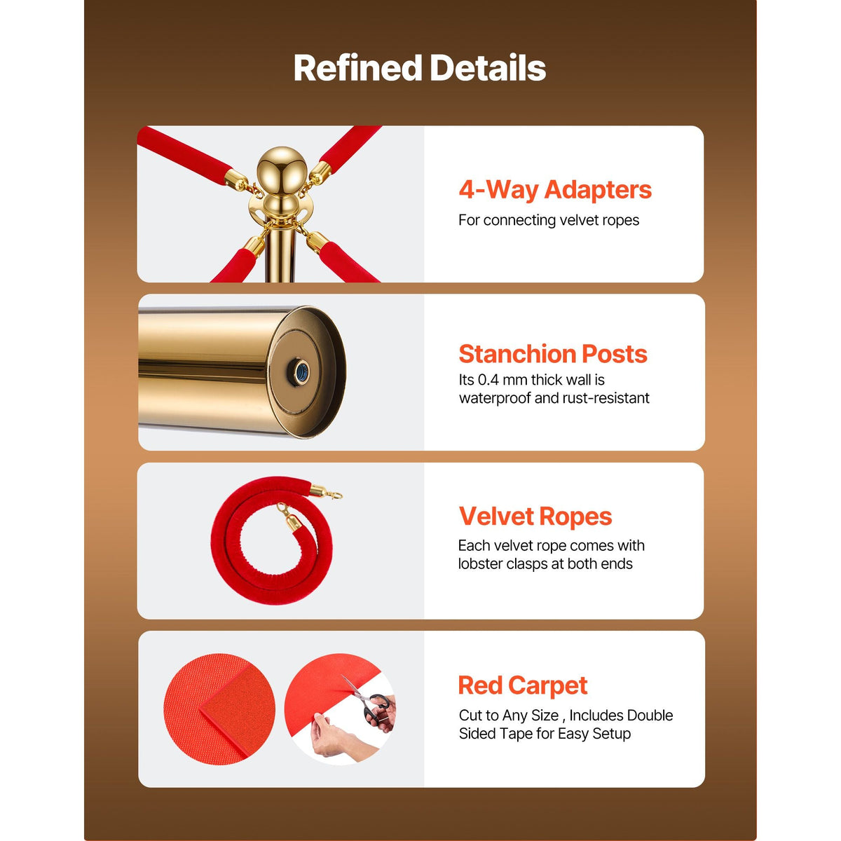 Stanchion Post, 6 Pcs Crowd Control Barrier Set with Red Carpet, 4 Red Velvet Ropes, Stainless Steel Gold Stanchion Post Queue with Hollow Base for Theater, Party, Wedding, Exhibition (Gold)
