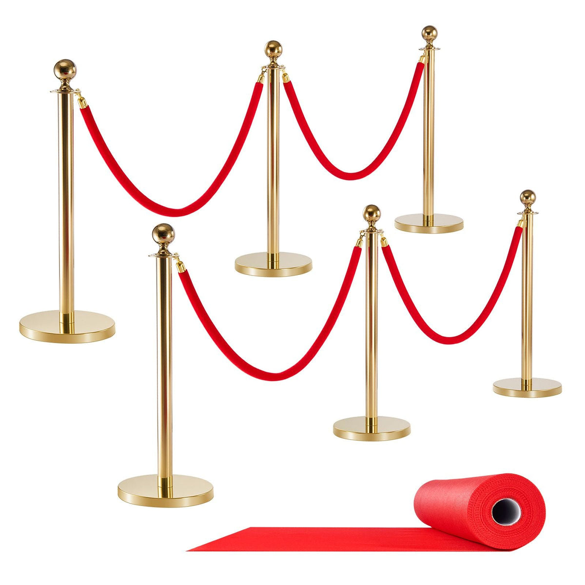 Stanchion Post, 6 Pcs Crowd Control Barrier Set with Red Carpet, 4 Red Velvet Ropes, Stainless Steel Gold Stanchion Post Queue with Hollow Base for Theater, Party, Wedding, Exhibition (Gold)
