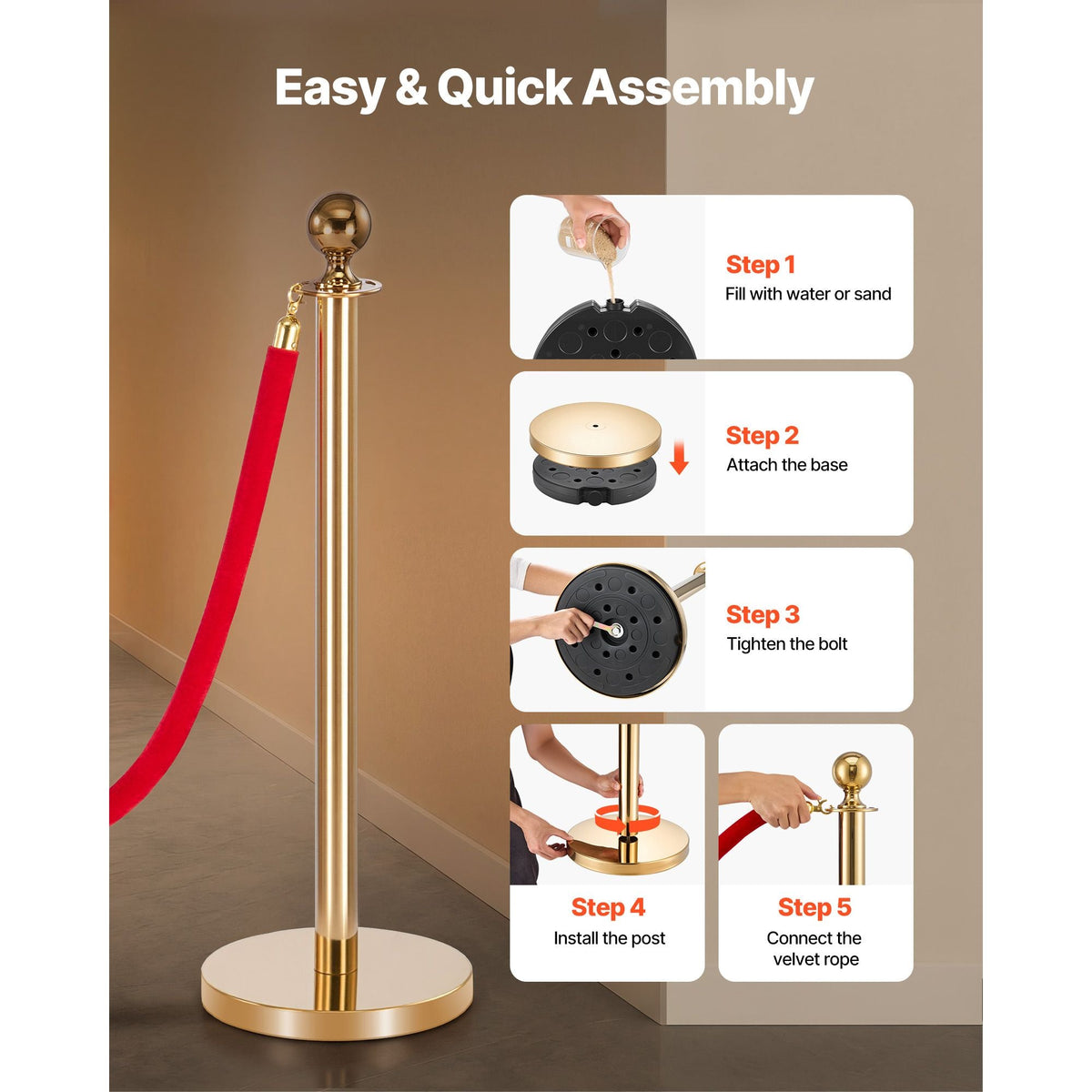 Stanchion Post, 6 Pcs Crowd Control Barrier Set with Red Carpet, 4 Red Velvet Ropes, Stainless Steel Gold Stanchion Post Queue with Hollow Base for Theater, Party, Wedding, Exhibition (Gold)