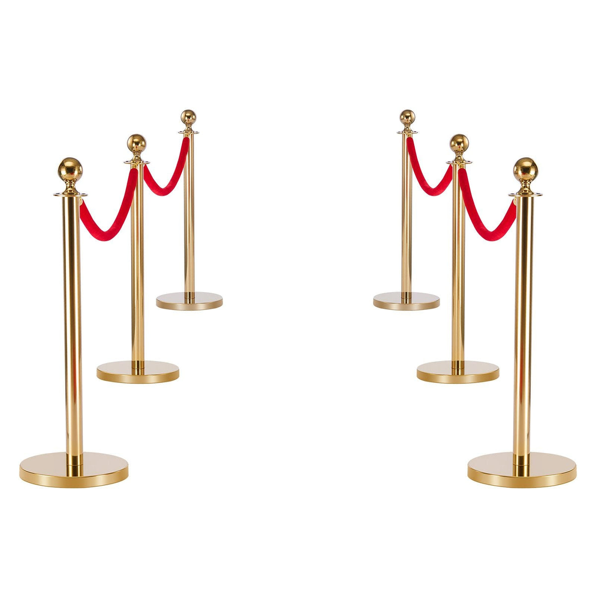 Stanchion Post, 6 Pcs Crowd Control Barrier Set with Red Carpet, 4 Red Velvet Ropes, Stainless Steel Gold Stanchion Post Queue with Hollow Base for Theater, Party, Wedding, Exhibition (Gold)