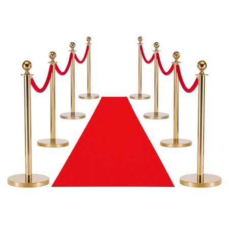Stanchion Post, 8 Pcs Crowd Control Barrier Set with Red Carpet, 6 Red Velvet Ropes, Stainless Steel Gold Stanchion Post Queue with Hollow Base for Theater, Party, Wedding, Exhibition (Gold)