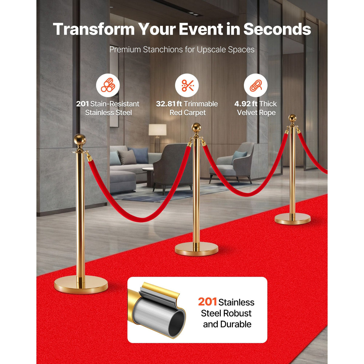 Stanchion Post, 8 Pcs Crowd Control Barrier Set with Red Carpet, 6 Red Velvet Ropes, Stainless Steel Gold Stanchion Post Queue with Hollow Base for Theater, Party, Wedding, Exhibition (Gold)