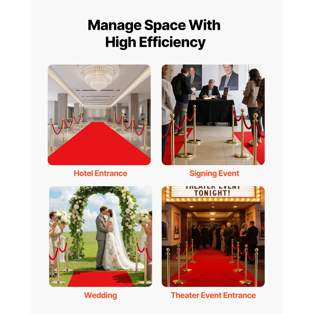Stanchion Post, 8 Pcs Crowd Control Barrier Set with Red Carpet, 6 Red Velvet Ropes, Stainless Steel Gold Stanchion Post Queue with Hollow Base for Theater, Party, Wedding, Exhibition (Gold)