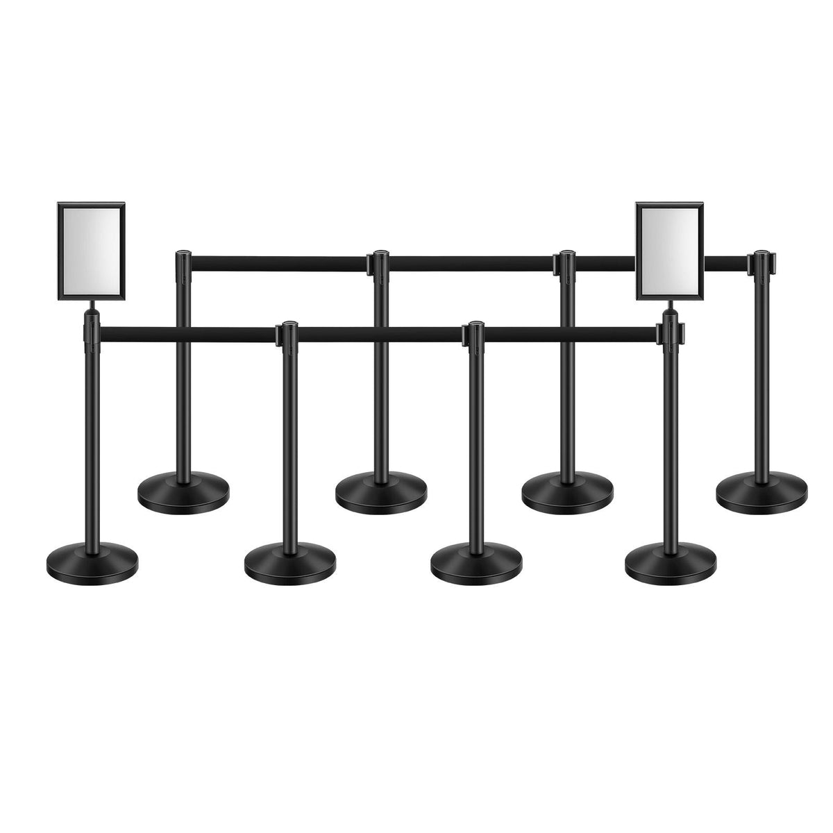 Stanchion Post, 8 Pcs Stanchions with Retractable Belts, Carbon Steel Black Stanchions Queue with Sand Injection Hollow Base, Crowd Control Barriers for Theaters, Parties, Weddings, Exhibitions