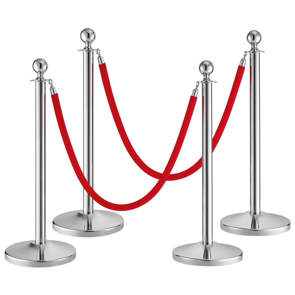 Stanchion Post with Velvet Rope, 4-Pack Crowd Control Stanchion with 2PCS 5FT Red Velvet Ropes, Stainless Steel Queue Barrier Line Divider with Fillable Plastic Base, Ball Top for Wedding Museum