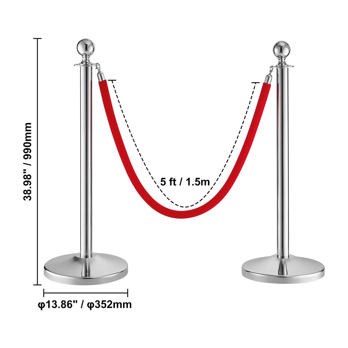 Stanchion Post with Velvet Rope, 4-Pack Crowd Control Stanchion with 2PCS 5FT Red Velvet Ropes, Stainless Steel Queue Barrier Line Divider with Fillable Plastic Base, Ball Top for Wedding Museum