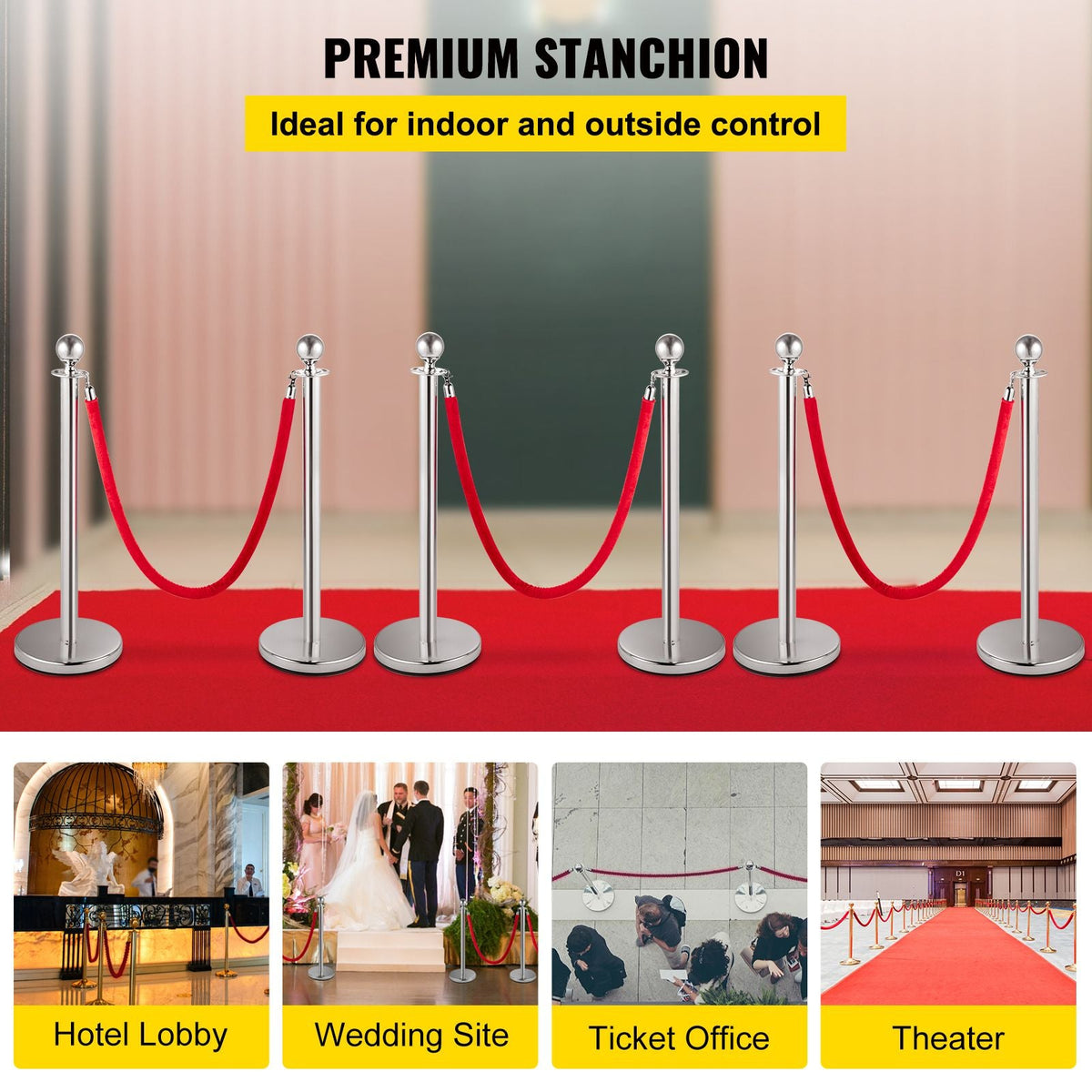 Stanchion Post with Velvet Ropes, 6-Pack Crowd Control Stanchion with 3PCS 5FT Red Velvet Ropes, Stainless Steel Queue Barrier Line Divider with Ball Top for Events, Museums, Parties