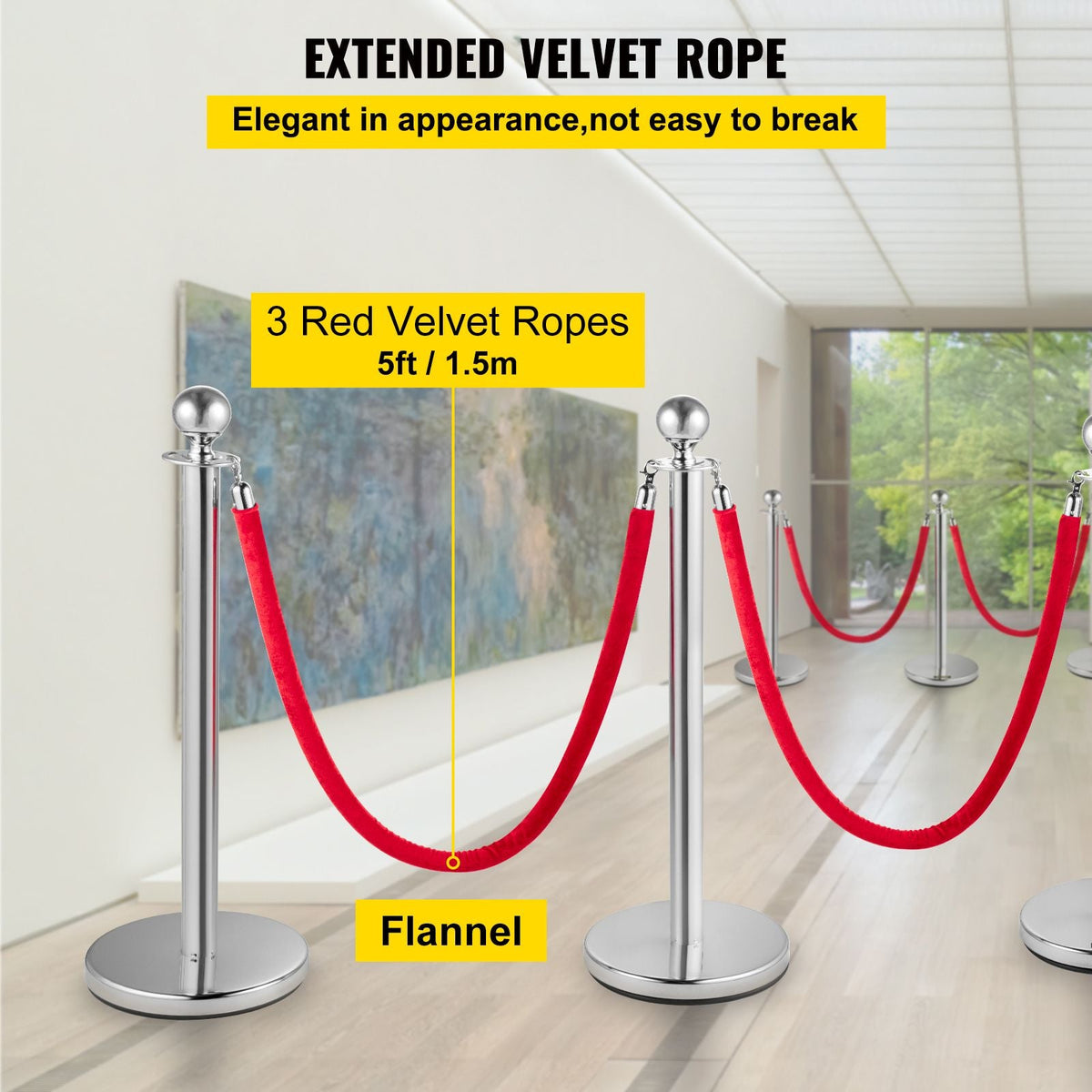 Stanchion Post with Velvet Ropes, 6-Pack Crowd Control Stanchion with 3PCS 5FT Red Velvet Ropes, Stainless Steel Queue Barrier Line Divider with Ball Top for Events, Museums, Parties